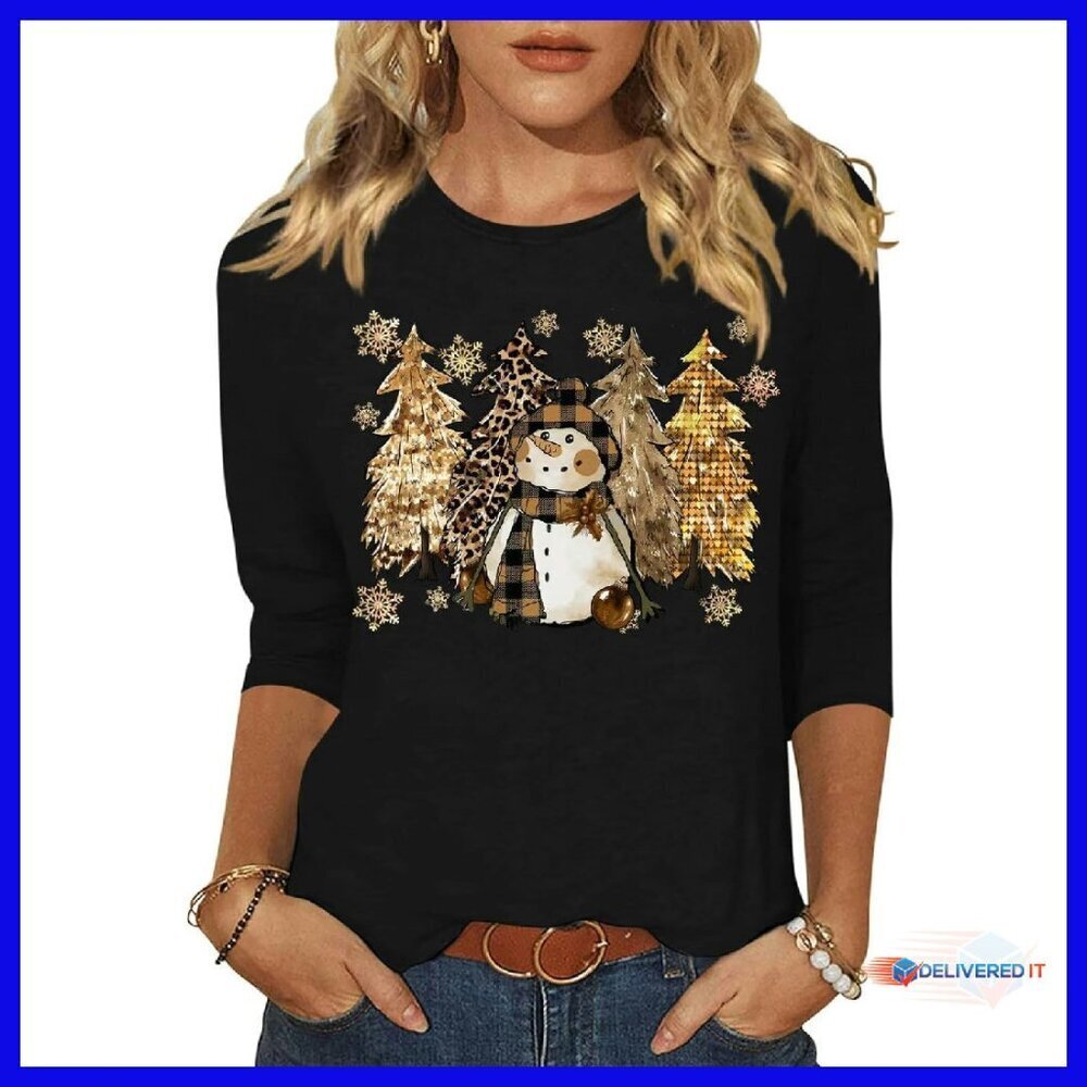 Women's 3/4 Sleeve Crew Neck Graphic Tee, Cotton Blend, Loose Fit